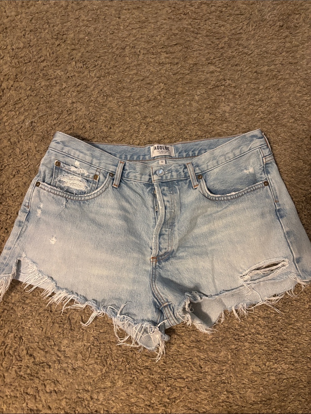 Agolde Light Wash Distressed Denim Cutoff Shorts